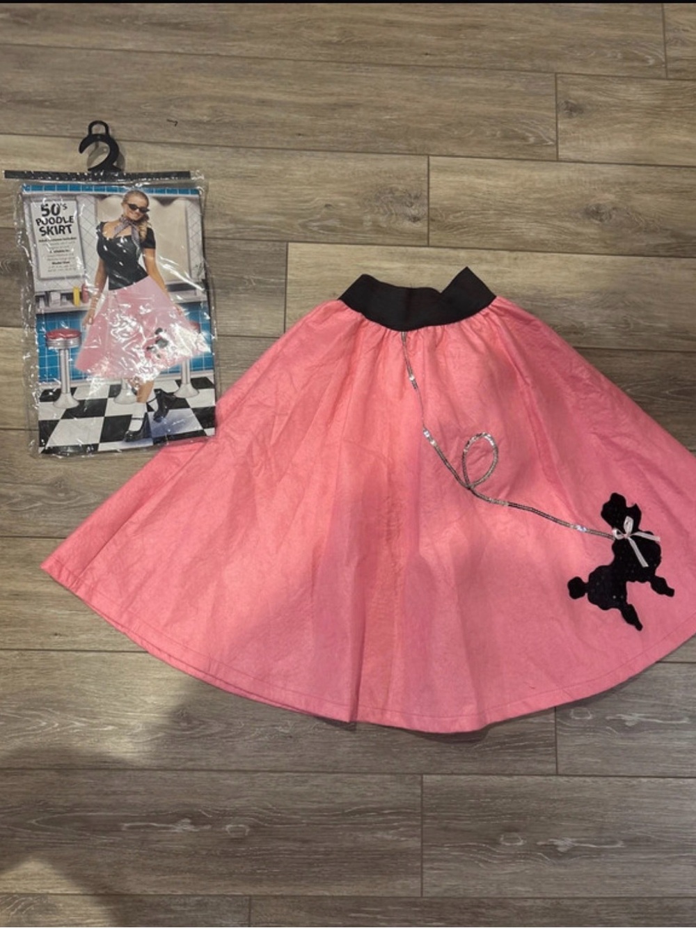 Retro Pink Circle Skirt with Black Waistband and Poodle Applique